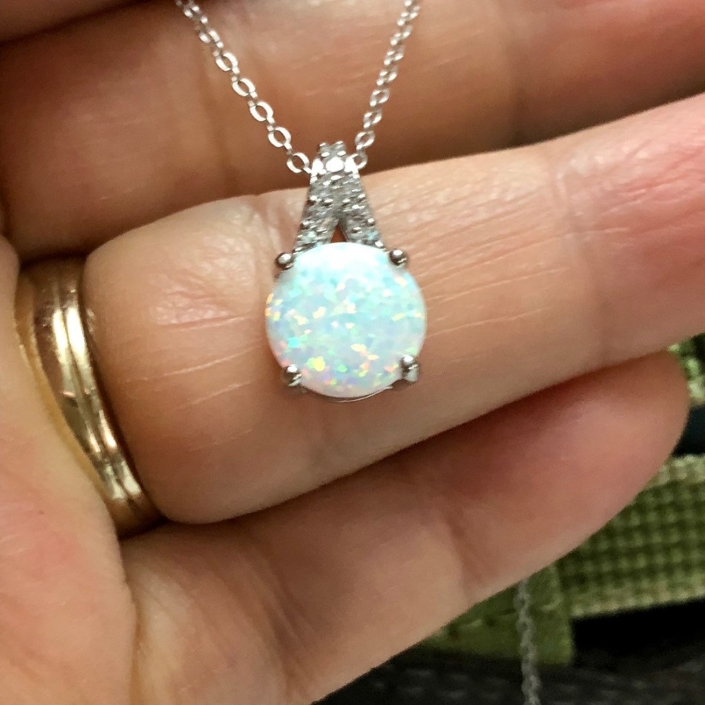 Fire Opal Necklace Round White Opal Pendant, Minim - Picture 6 of 8